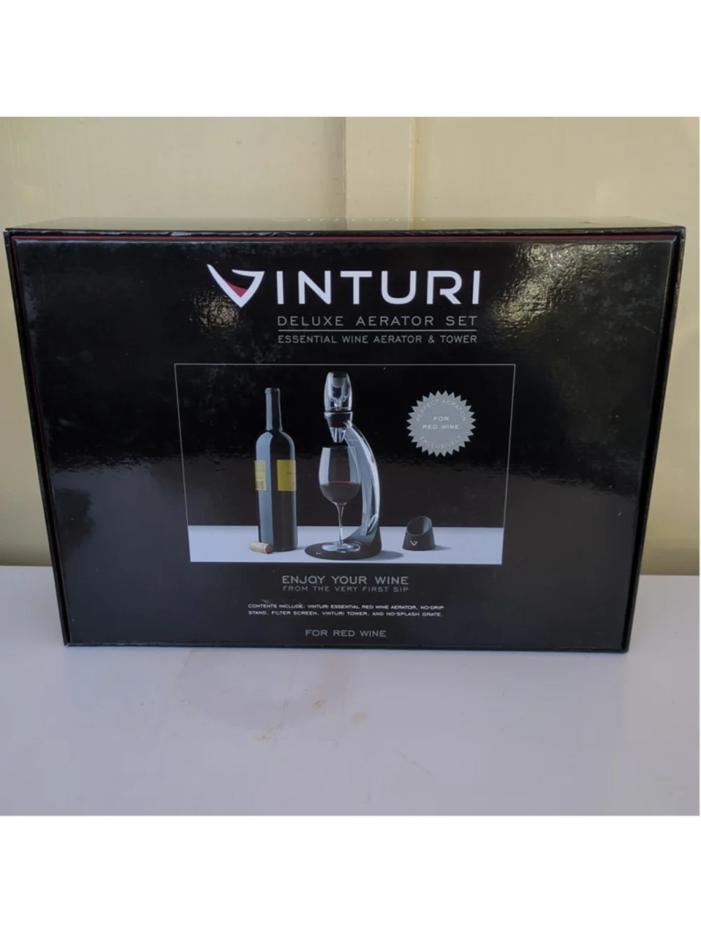 Vinturi Red Wine Aerator Tower Set With Stand And Filter, Black Color